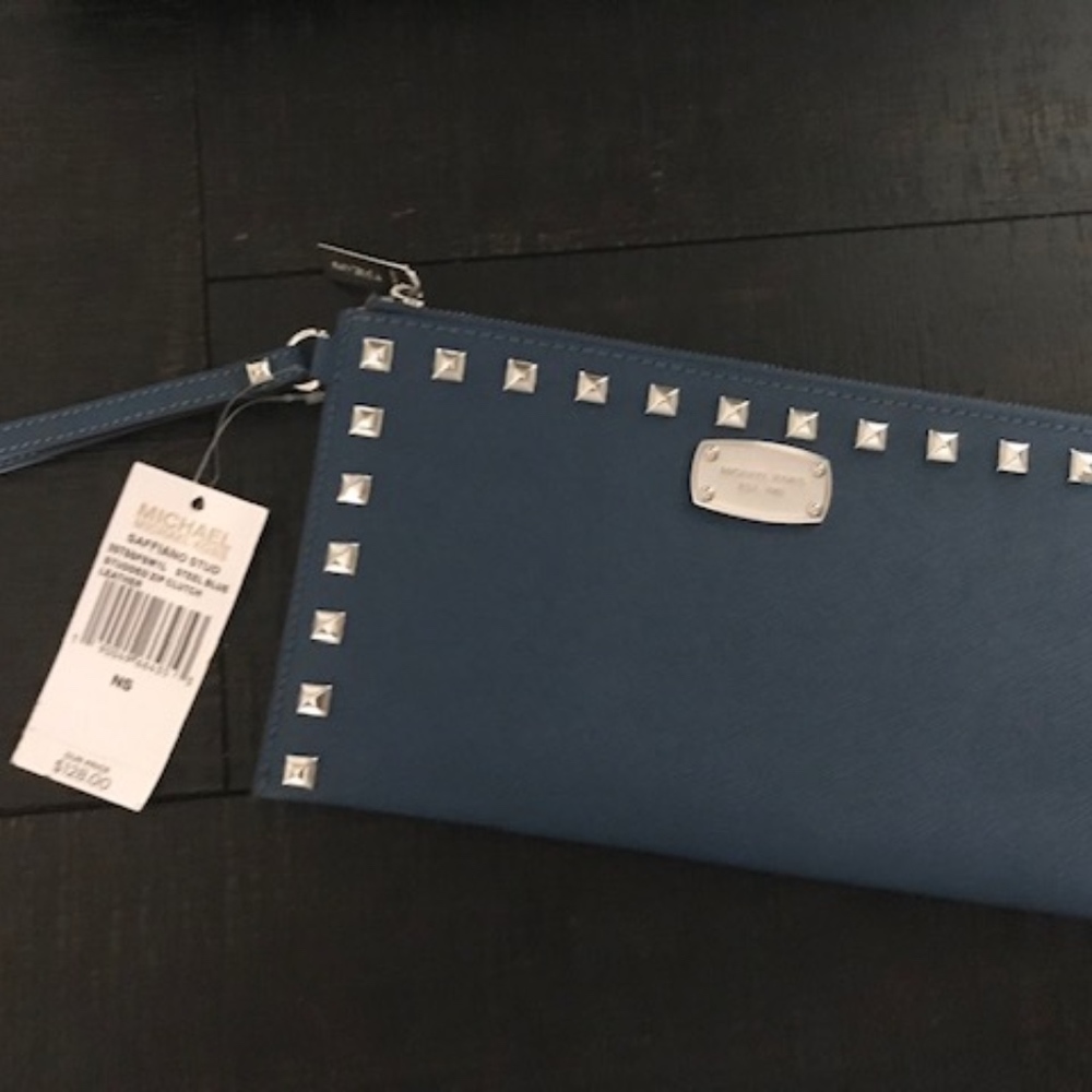 MICHAEL KORS Steel Blue Leather Studded Wristlet
